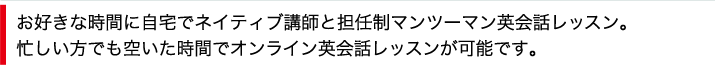 お好きな時間に自宅でネイティブ講師と担任制マンツーマン英会話レッスン。忙しい方でも空いた時間でオンライン英会話レッスンが可能です。